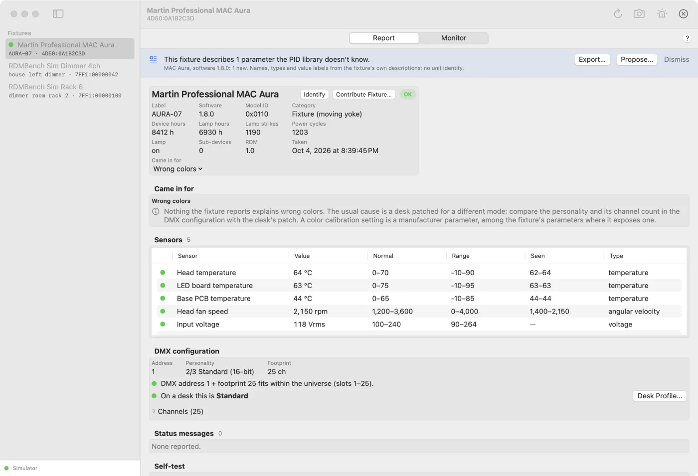 RDMBench's report on a simulated Martin MAC Aura: rated OK, five sensors inside their normal ranges, DMX address 1 in the 25-channel Standard personality, and the complaint 'Wrong colors' answered with: nothing the fixture reports explains it; compare the personality with the desk's patch.